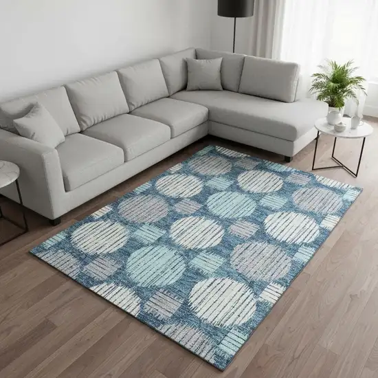 Teal Ivory And Gray Geometric Washable Area Rug With UV Protection Photo 2
