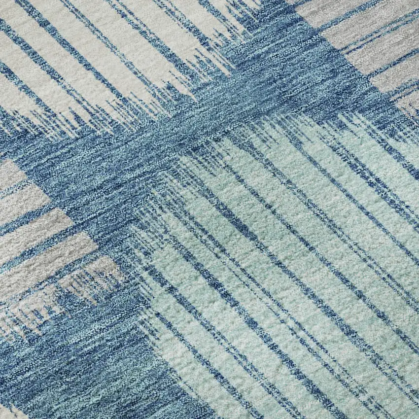 Teal Ivory And Gray Geometric Washable Area Rug With UV Protection Photo 7