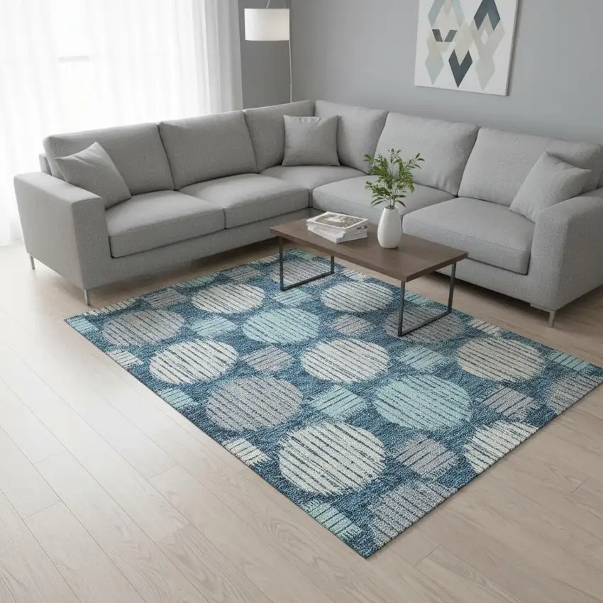 Teal Ivory And Gray Geometric Washable Area Rug With UV Protection Photo 2