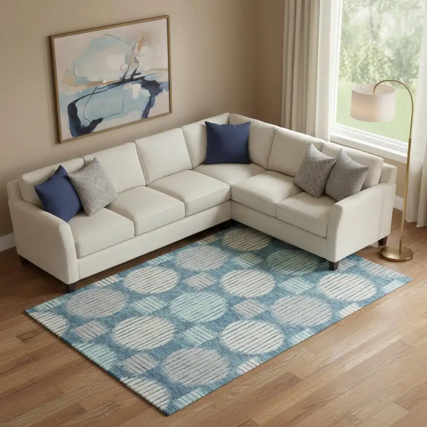 Teal Ivory And Gray Geometric Washable Area Rug With UV Protection Photo 1