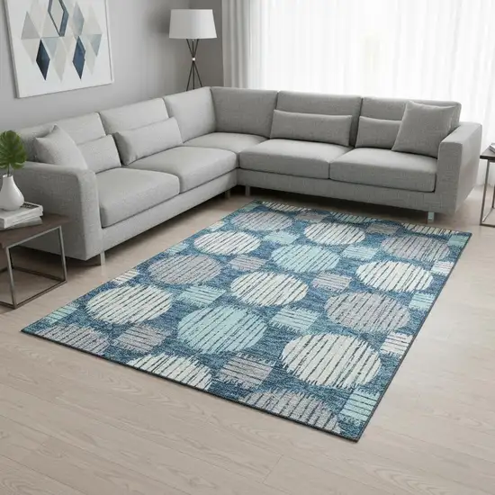 Teal Ivory And Gray Geometric Washable Area Rug With UV Protection Photo 2