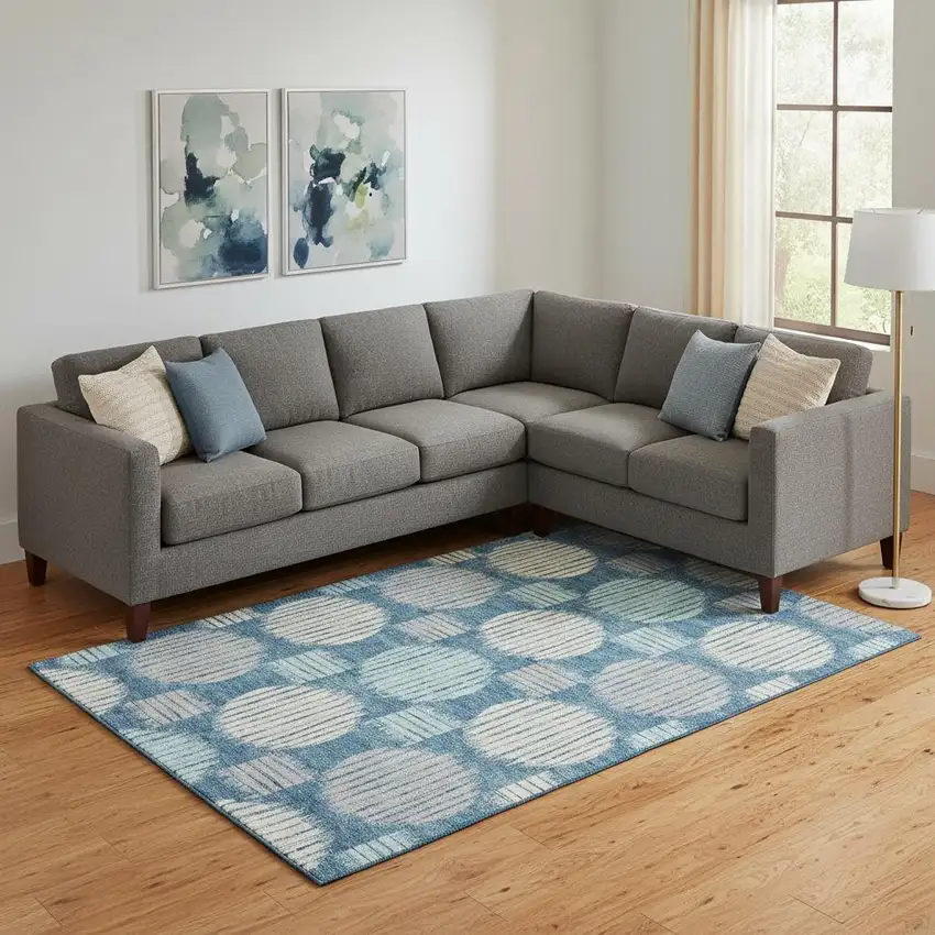 Teal Ivory And Gray Geometric Washable Area Rug With UV Protection Photo 1