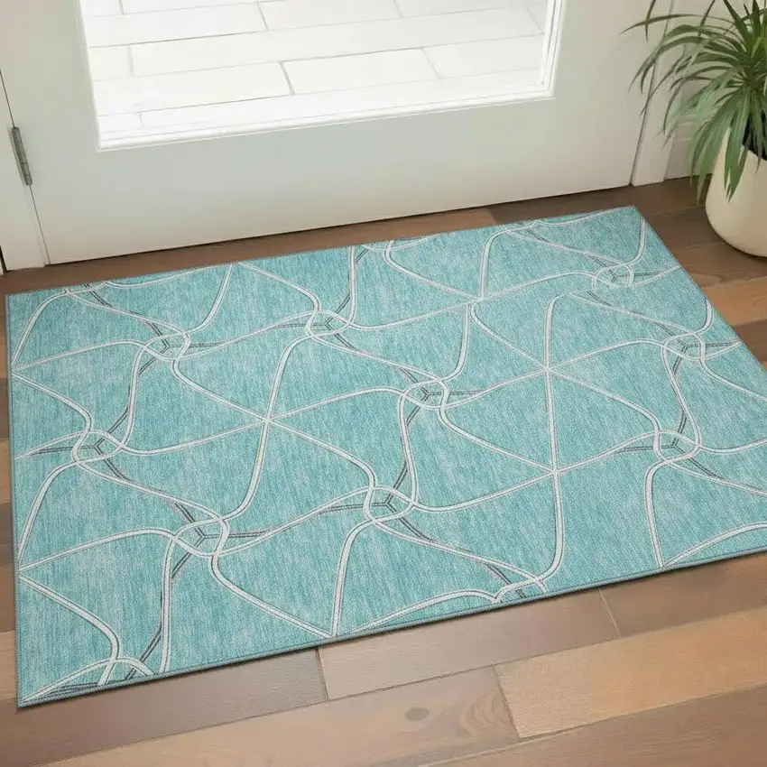 Teal Ivory And Gray Geometric Washable Area Rug With UV Protection Photo 2