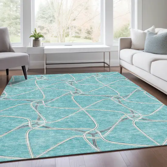 Teal Ivory And Gray Geometric Washable Area Rug With UV Protection Photo 5