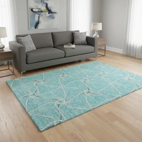 Teal Ivory And Gray Geometric Washable Area Rug With UV Protection Photo 2