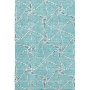 Photo of Teal Ivory And Gray Geometric Washable Area Rug With UV Protection