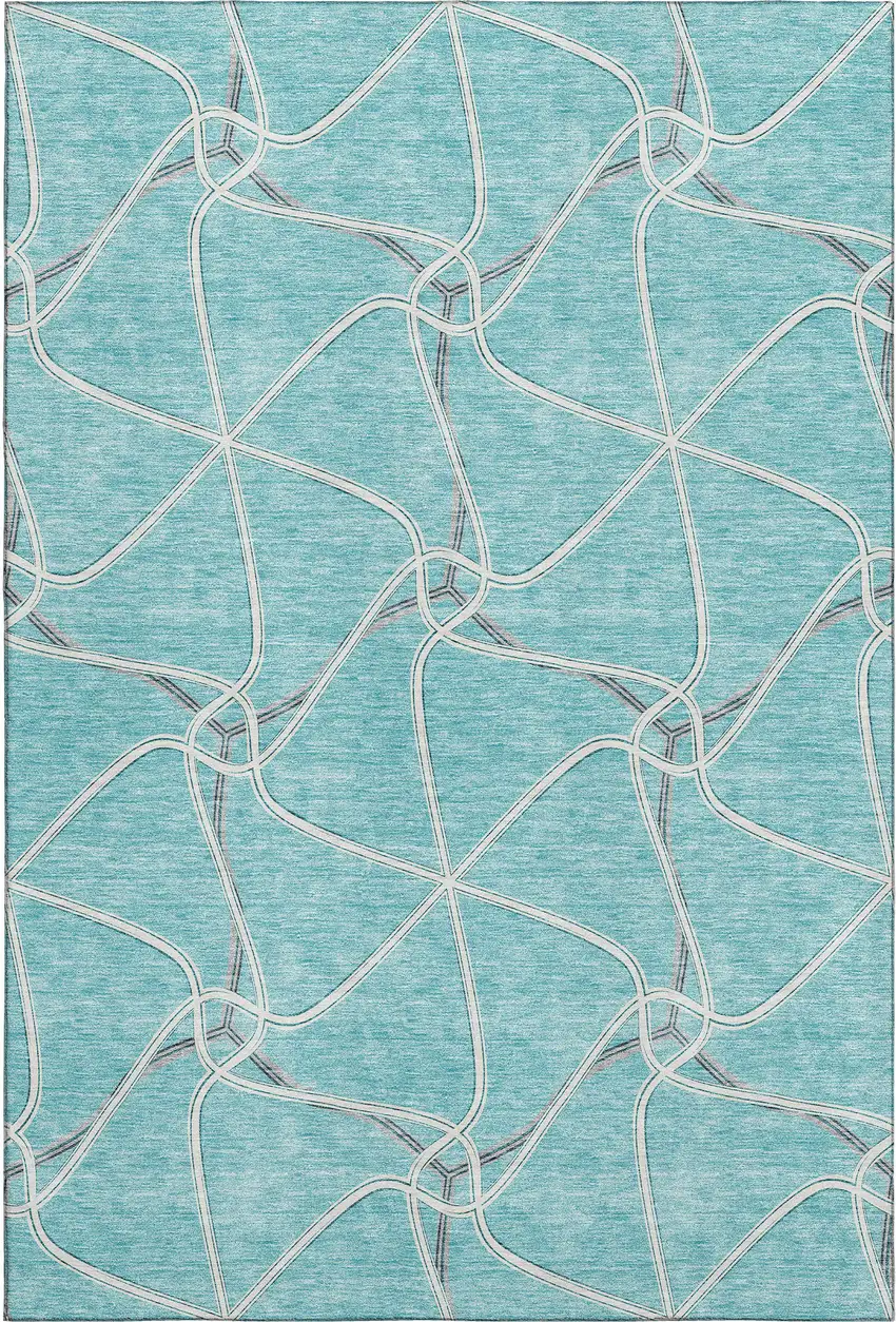 Teal Ivory And Gray Geometric Washable Area Rug With UV Protection Photo 1
