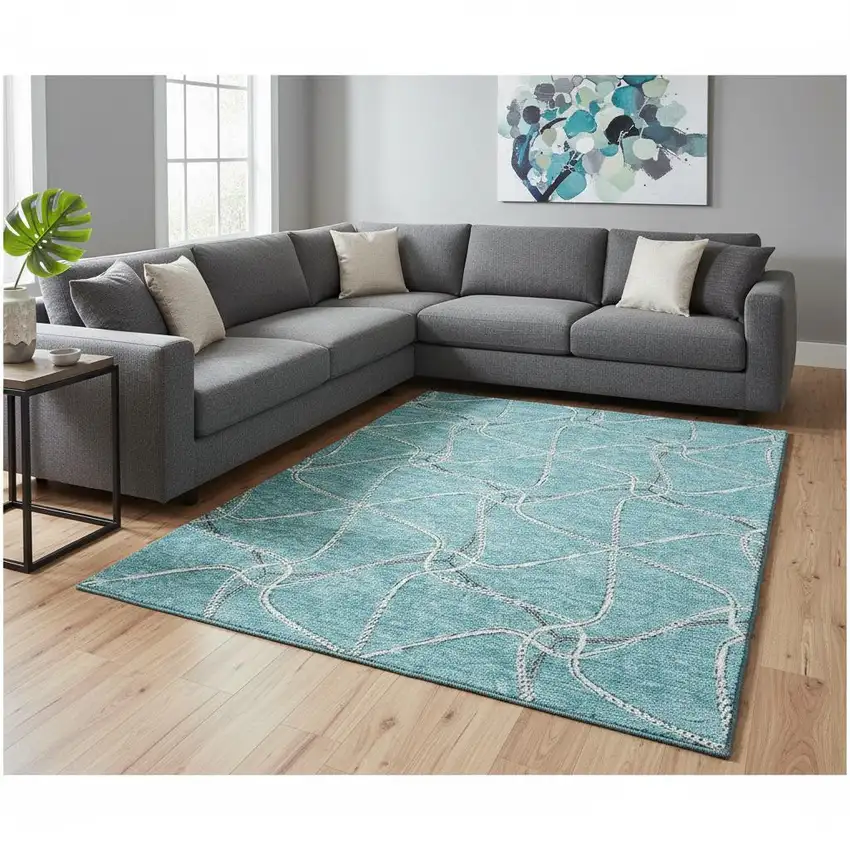 Teal Ivory And Gray Geometric Washable Area Rug With UV Protection Photo 2