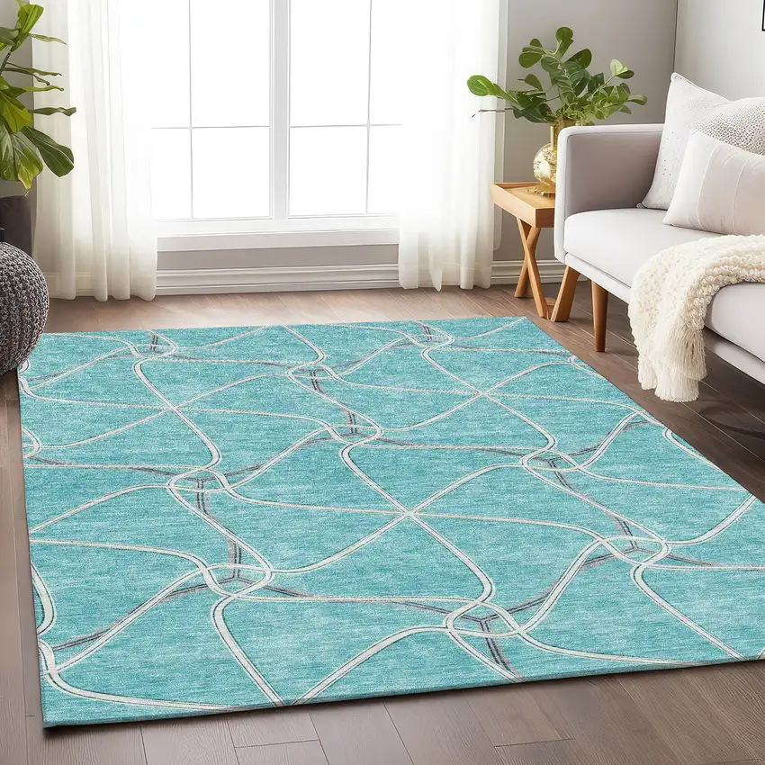 Teal Ivory And Gray Geometric Washable Area Rug With UV Protection Photo 3