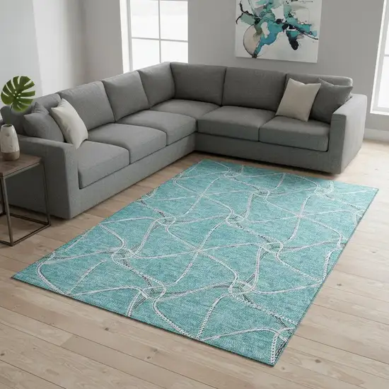Teal Ivory And Gray Geometric Washable Area Rug With UV Protection Photo 2
