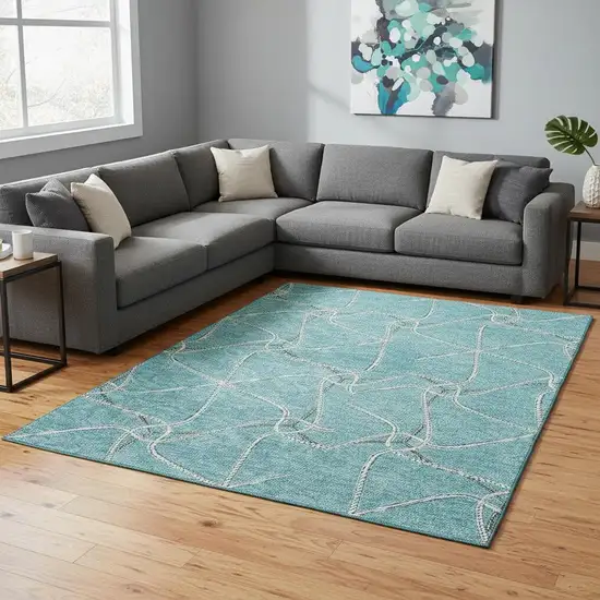 Teal Ivory And Gray Geometric Washable Area Rug With UV Protection Photo 2