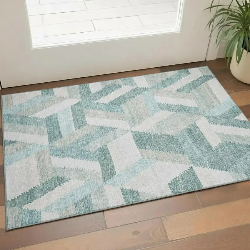 Teal Ivory And Gray Geometric Washable Area Rug With UV Protection Photo 2