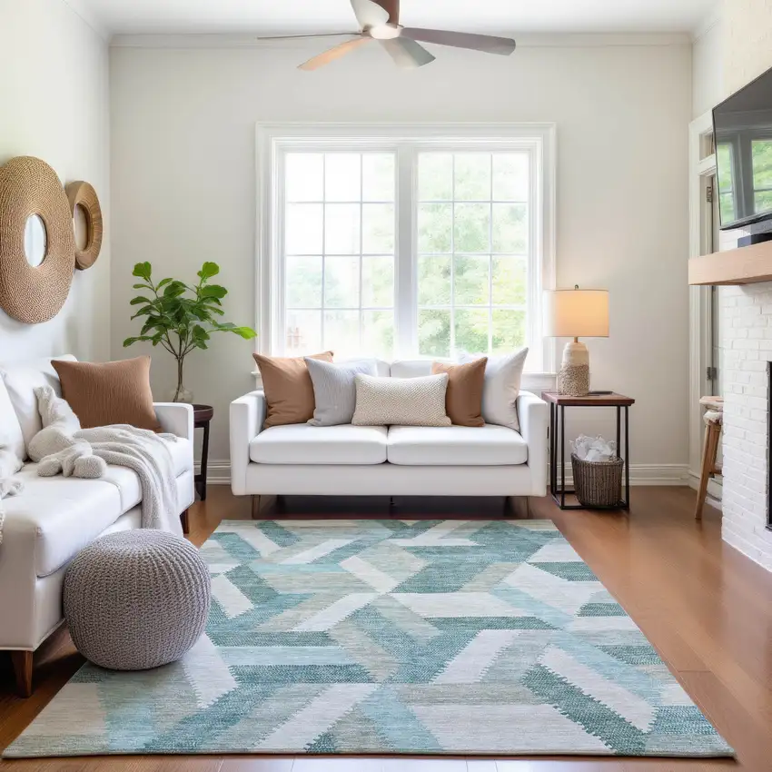 Teal Ivory And Gray Geometric Washable Area Rug With UV Protection Photo 5