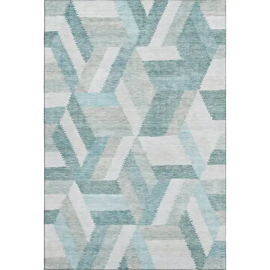 Teal Ivory And Gray Geometric Washable Area Rug With UV Protection Photo 1