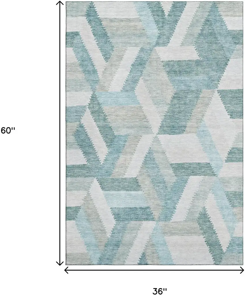 Teal Ivory And Gray Geometric Washable Area Rug With UV Protection Photo 3