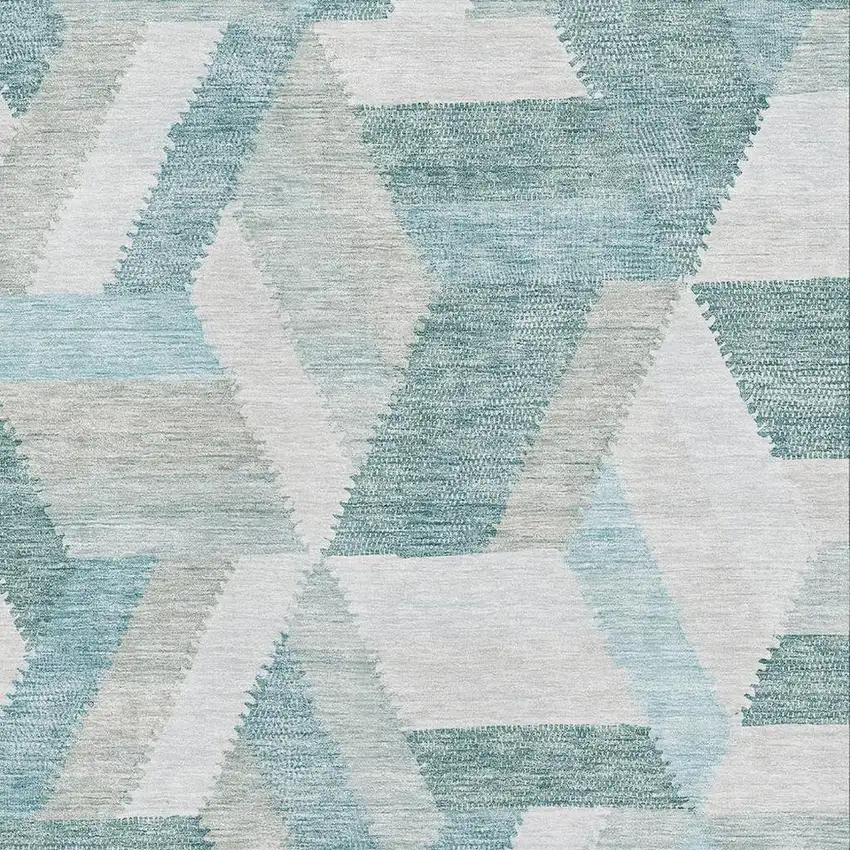 Teal Ivory And Gray Geometric Washable Area Rug With UV Protection Photo 2