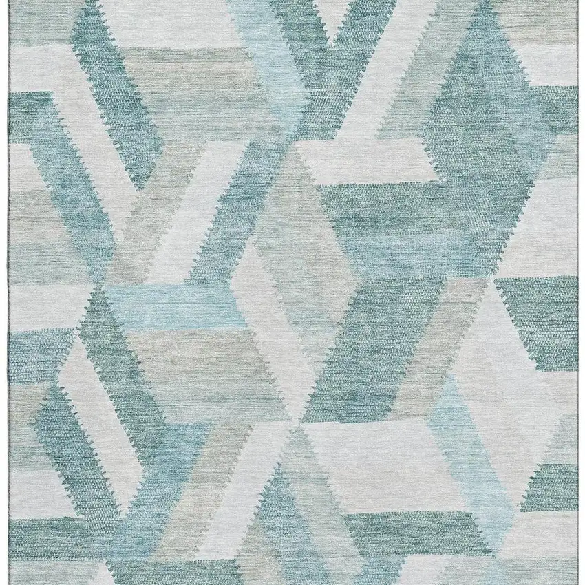 Teal Ivory And Gray Geometric Washable Area Rug With UV Protection Photo 3