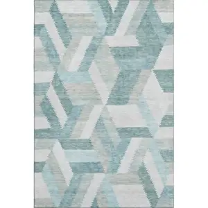 Photo of Teal Ivory And Gray Geometric Washable Area Rug With UV Protection