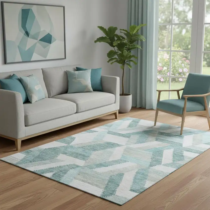 Teal Ivory And Gray Geometric Washable Area Rug With UV Protection Photo 2