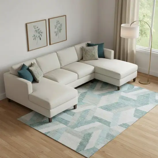 Teal Ivory And Gray Geometric Washable Area Rug With UV Protection Photo 2