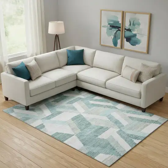 Teal Ivory And Gray Geometric Washable Area Rug With UV Protection Photo 2
