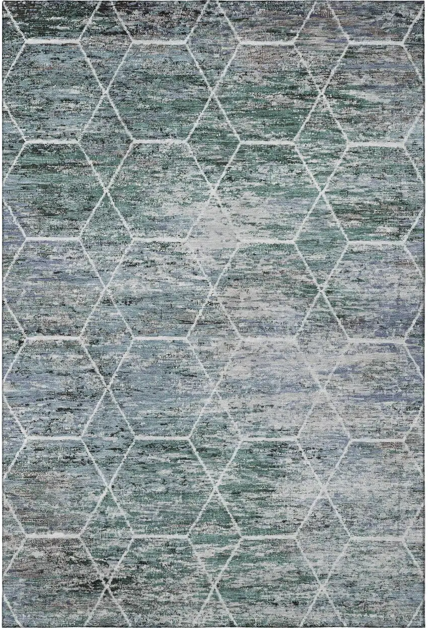 Teal Ivory And Gray Geometric Washable Area Rug With UV Protection Photo 3