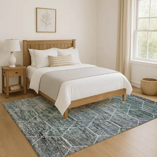 Teal Ivory And Gray Geometric Washable Area Rug With UV Protection Photo 5