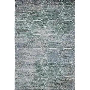 Photo of Teal Ivory And Gray Geometric Washable Area Rug With UV Protection