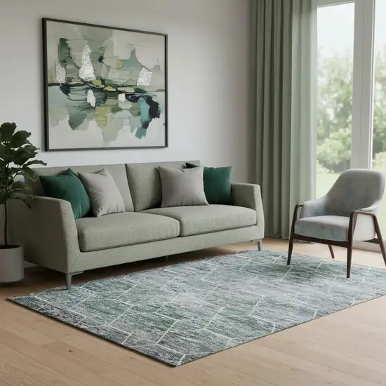 Teal Ivory And Gray Geometric Washable Area Rug With UV Protection Photo 2