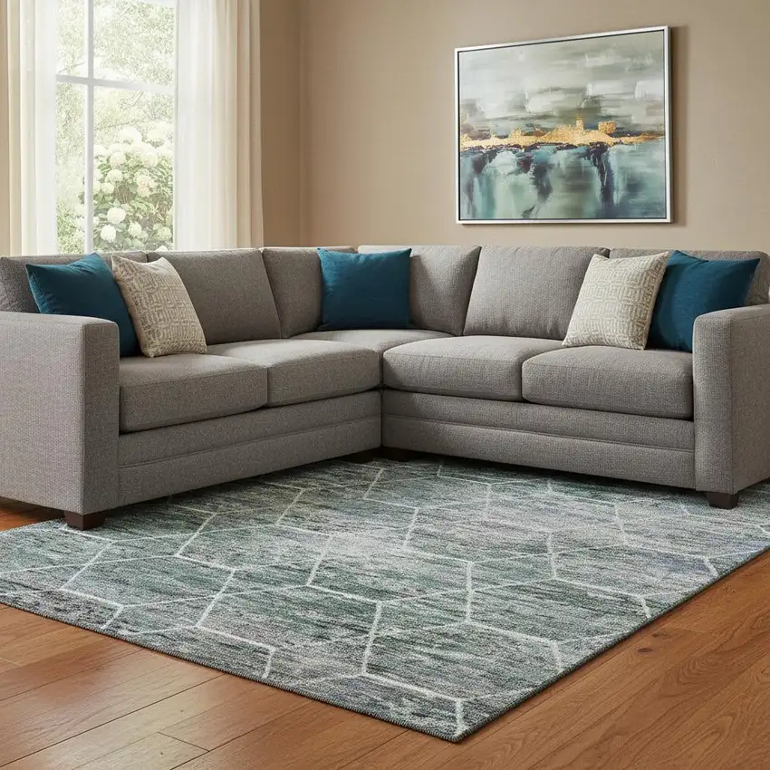 Teal Ivory And Gray Geometric Washable Area Rug With UV Protection Photo 2