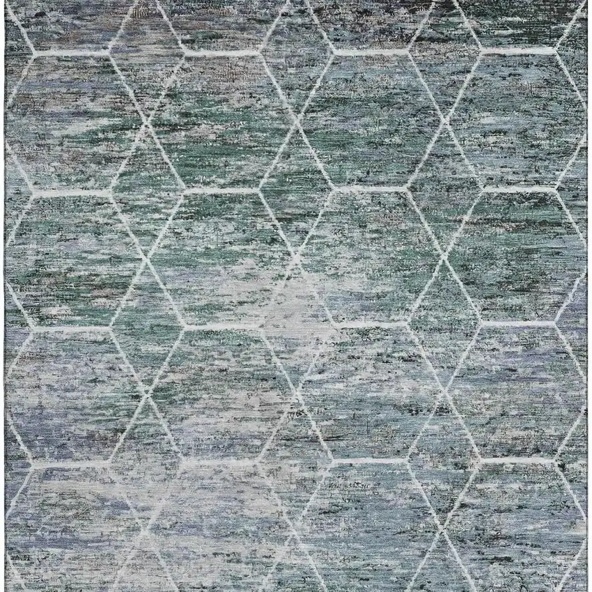 Teal Ivory And Gray Geometric Washable Area Rug With UV Protection Photo 4