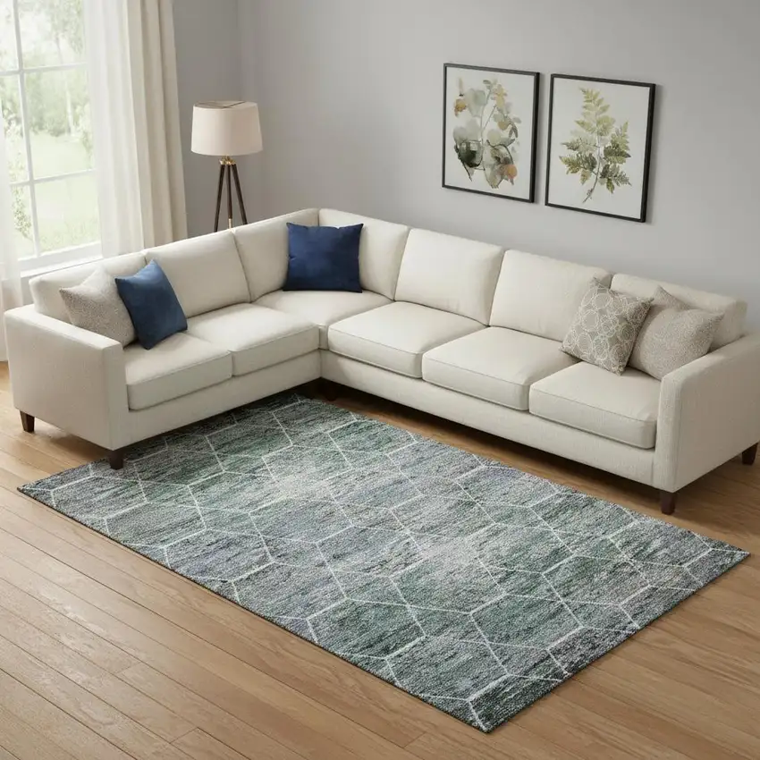 Teal Ivory And Gray Geometric Washable Area Rug With UV Protection Photo 2