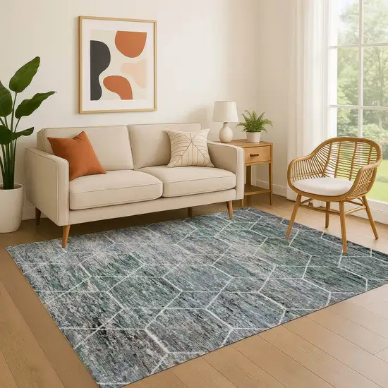 Teal Ivory And Gray Geometric Washable Area Rug With UV Protection Photo 4