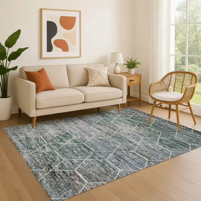 Teal Ivory And Gray Geometric Washable Area Rug With UV Protection Photo 4