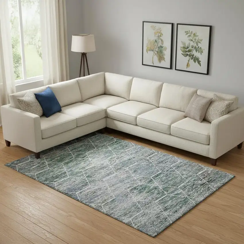 Teal Ivory And Gray Geometric Washable Area Rug With UV Protection Photo 2