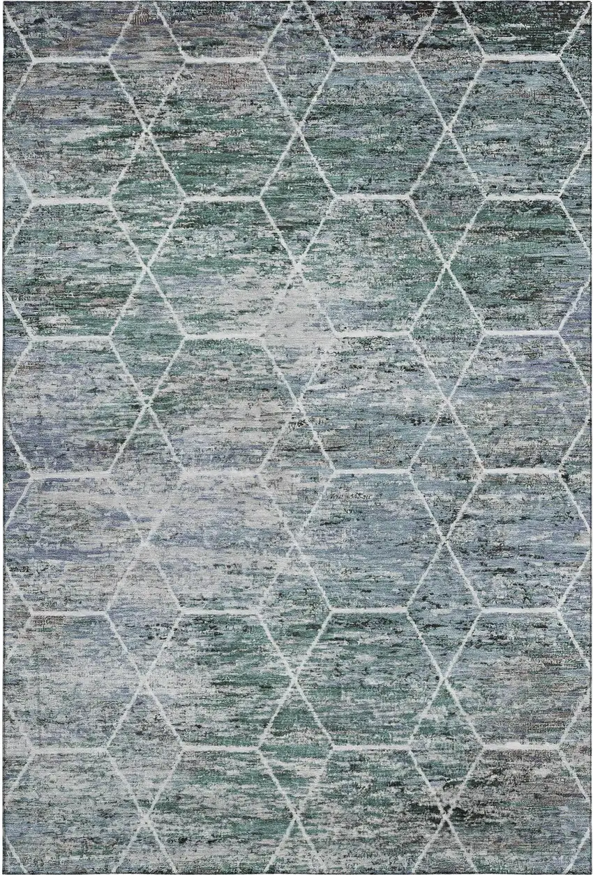 Teal Ivory And Gray Geometric Washable Area Rug With UV Protection Photo 1