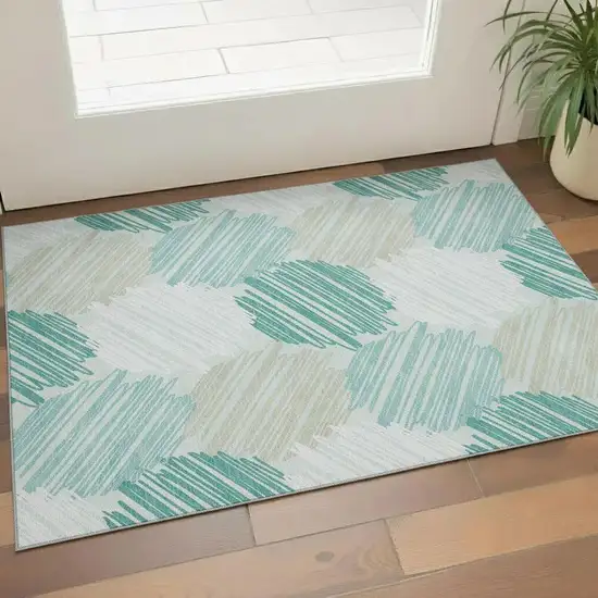 Teal Ivory And Gray Geometric Washable Area Rug With UV Protection Photo 2