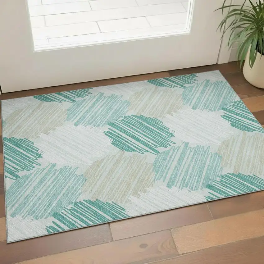 Teal Ivory And Gray Geometric Washable Area Rug With UV Protection Photo 2