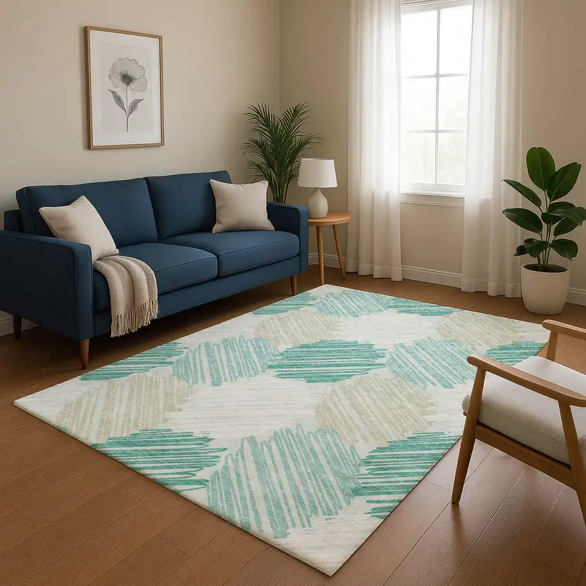Teal Ivory And Gray Geometric Washable Area Rug With UV Protection Photo 5
