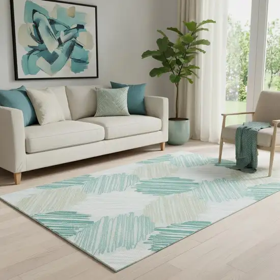 Teal Ivory And Gray Geometric Washable Area Rug With UV Protection Photo 2