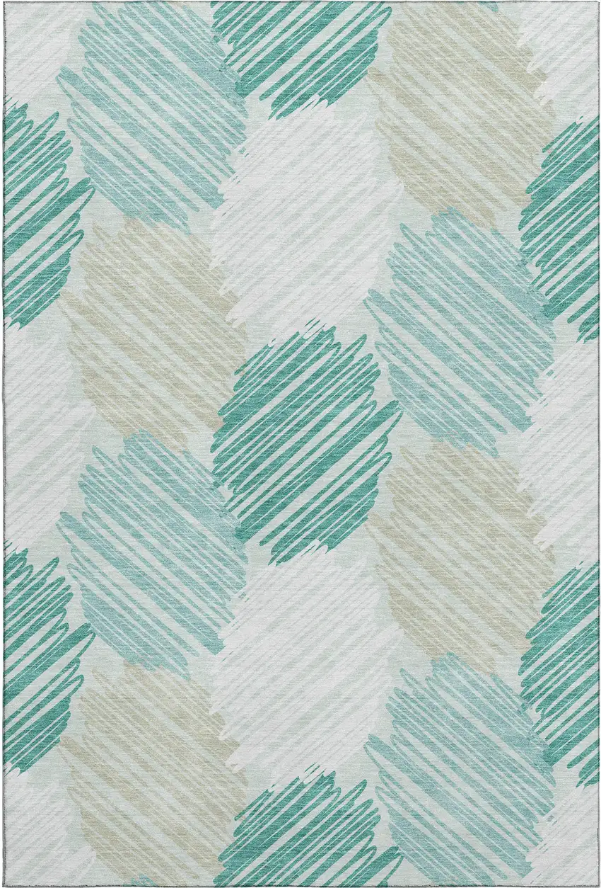 Teal Ivory And Gray Geometric Washable Area Rug With UV Protection Photo 1