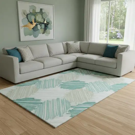 Teal Ivory And Gray Geometric Washable Area Rug With UV Protection Photo 2