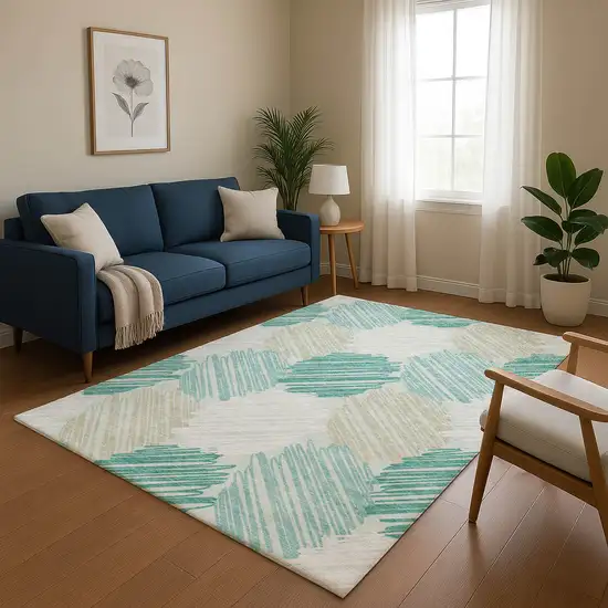 Teal Ivory And Gray Geometric Washable Area Rug With UV Protection Photo 5