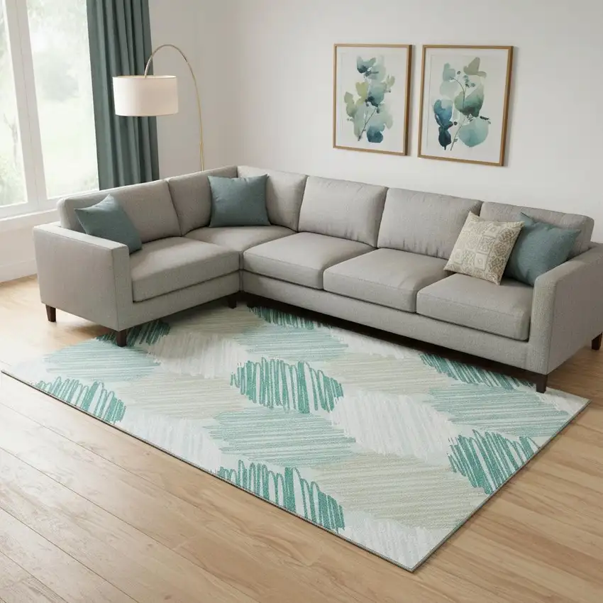Teal Ivory And Gray Geometric Washable Area Rug With UV Protection Photo 2