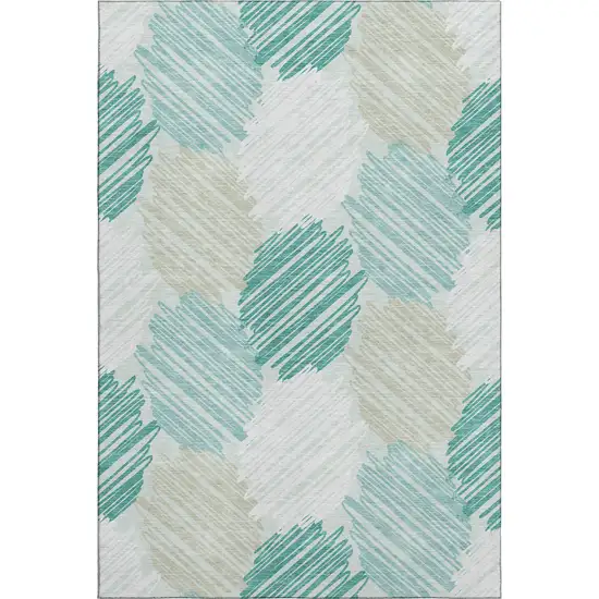 Teal Ivory And Gray Geometric Washable Area Rug With UV Protection Photo 1