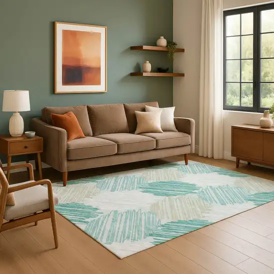 Teal Ivory And Gray Geometric Washable Area Rug With UV Protection Photo 6