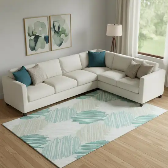 Teal Ivory And Gray Geometric Washable Area Rug With UV Protection Photo 2