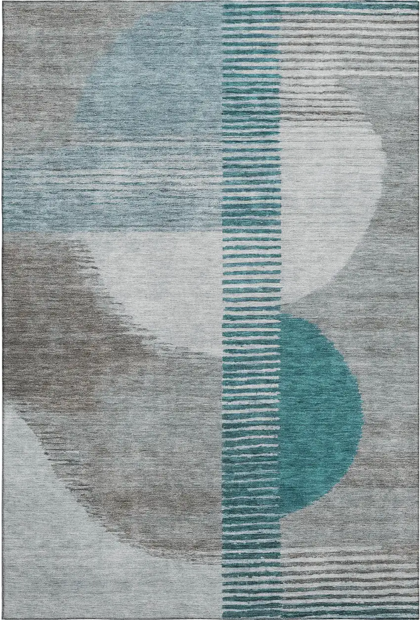 Teal Ivory And Gray Geometric Washable Area Rug With UV Protection Photo 7