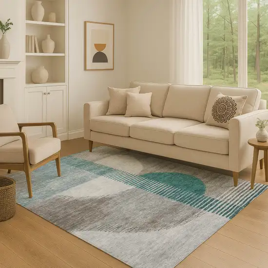 Teal Ivory And Gray Geometric Washable Area Rug With UV Protection Photo 5