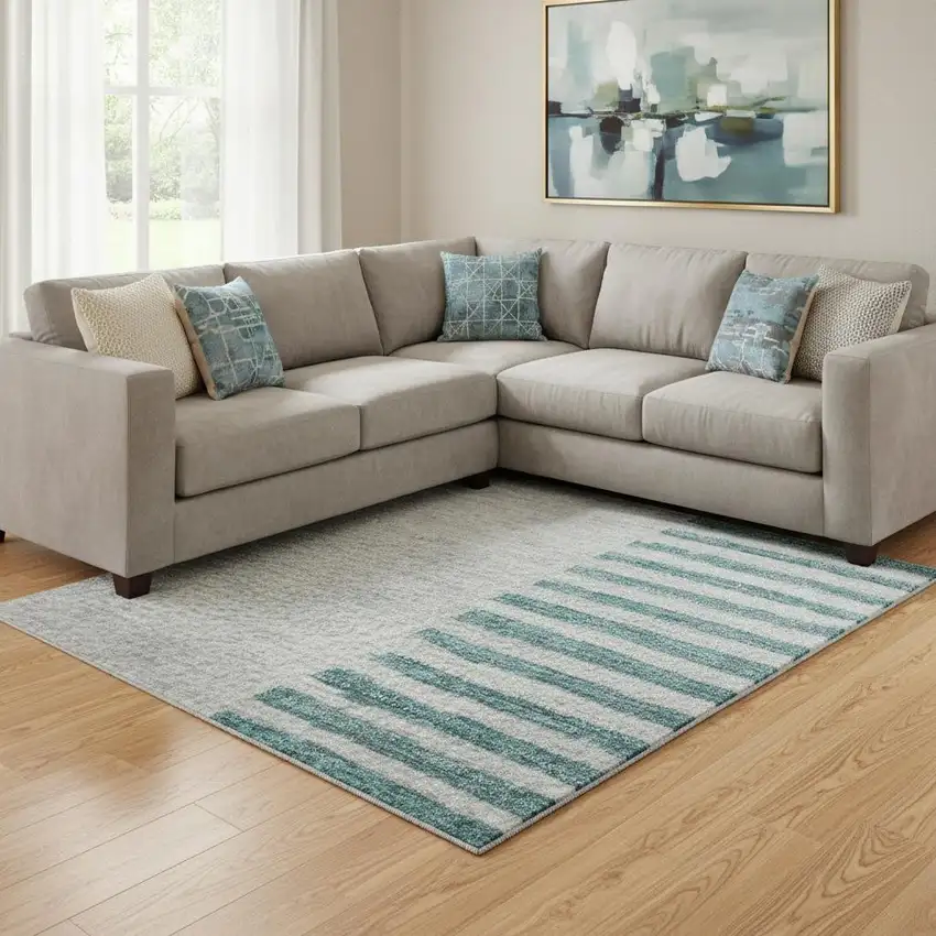 Teal Ivory And Gray Geometric Washable Area Rug With UV Protection Photo 2